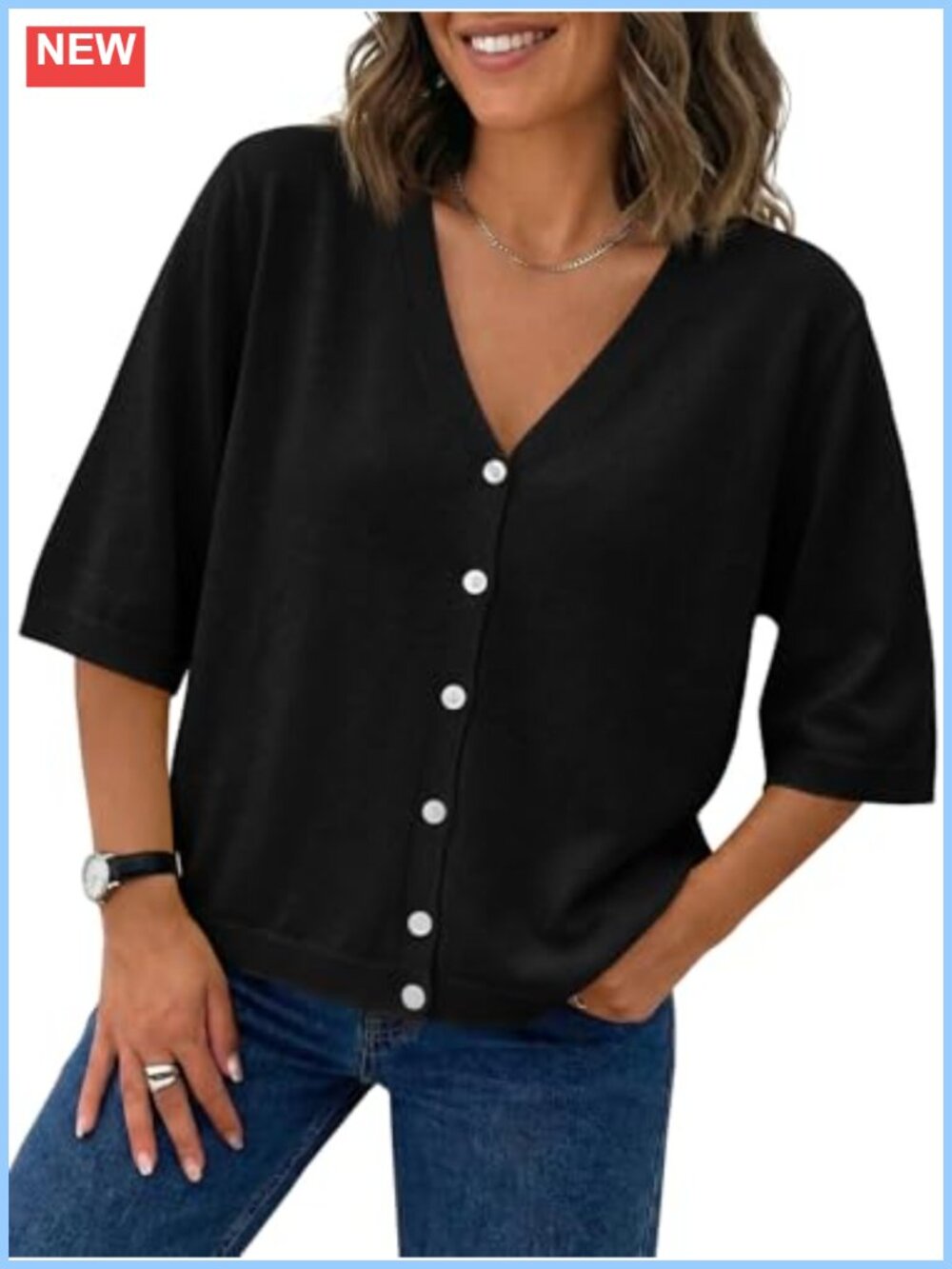 Womens Half Short Sleeve V Neck Button Down Cardigan Lightweight Sweater